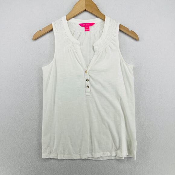 LILLY PULITZER Tank Top 2XS Essie Popover Smocked Palm Beach Slub Cotton White - Picture 1 of 15